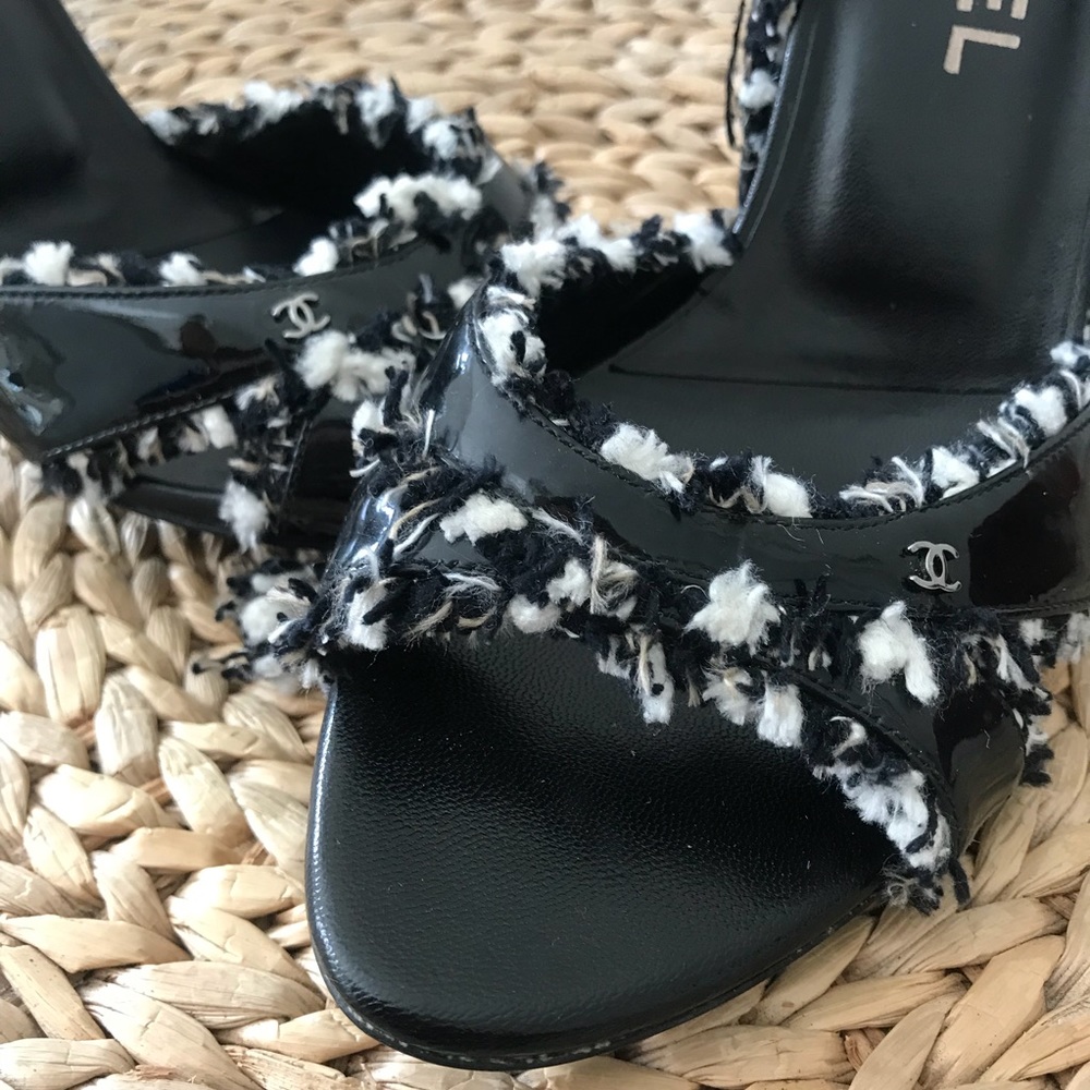 CHANEL Peep Toe Slingback Heels Tweed Ankle Strap - Picture 2 of 8